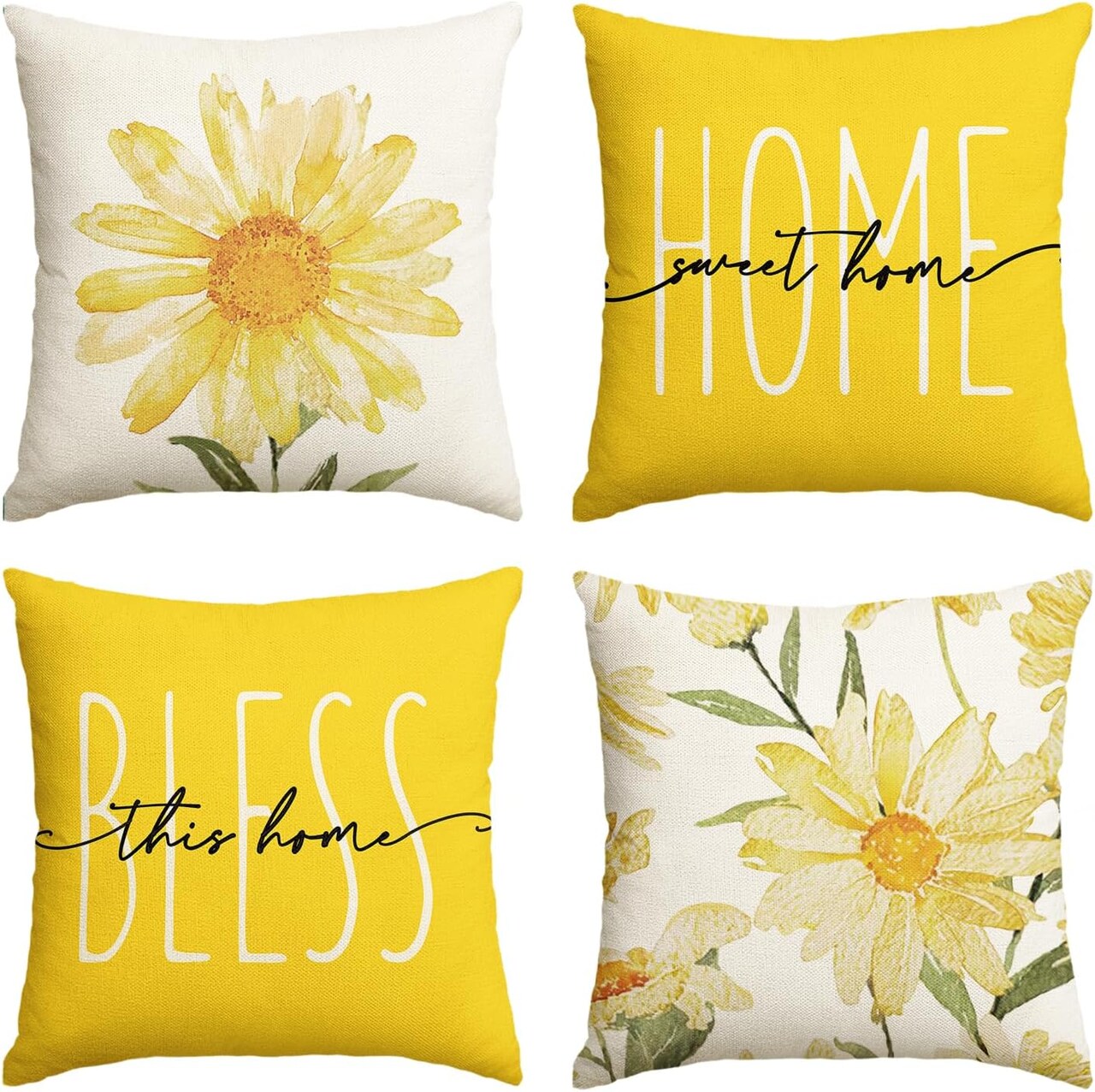 Home Sweet Home Spring Summer Flowers Yellow Throw Pillow Covers, 18 x 18 Inch Cushion Case for Sofa Couch Set of 4